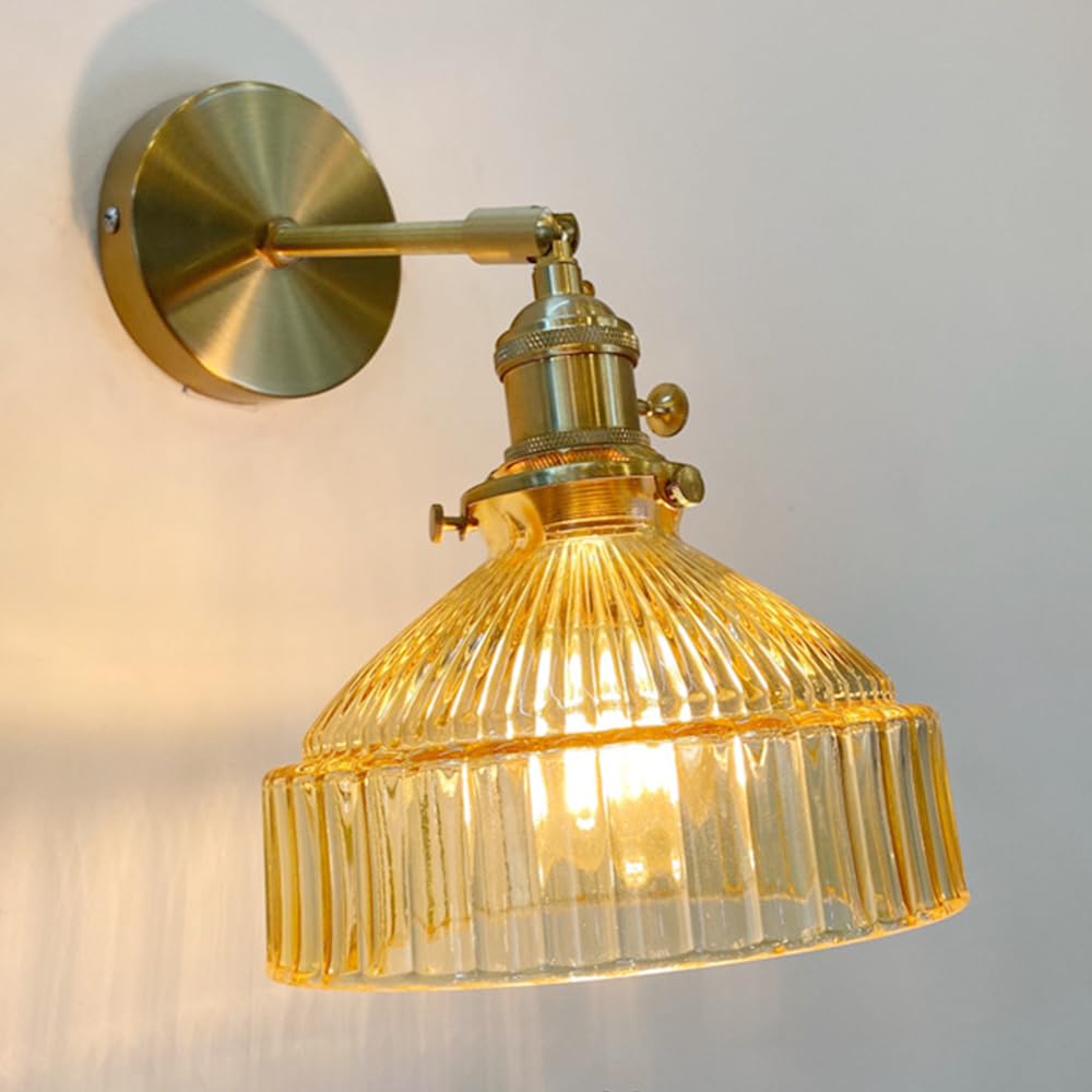 Applique da Parete Vintage in Oro con Interruttore, Lampada da Parete con Paralume in Vetro, Lampada da Bagno in Ottone, Lampada da Parete per Interni, per Soggiorno, Camera da Letto, Comodino, g