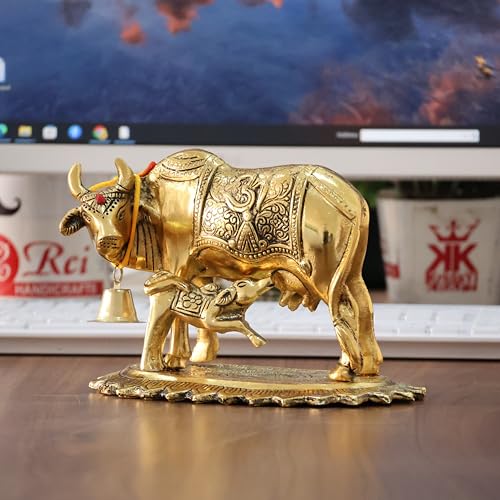 Image of KridayKraft Metal Om Kamdhenu Cow and Calf Metal Statue for Good Luck,Feng Shui As Table Top Figurine,Vastu,Religious Gau MATA Idol Home,Office&Table Decorative,Animal