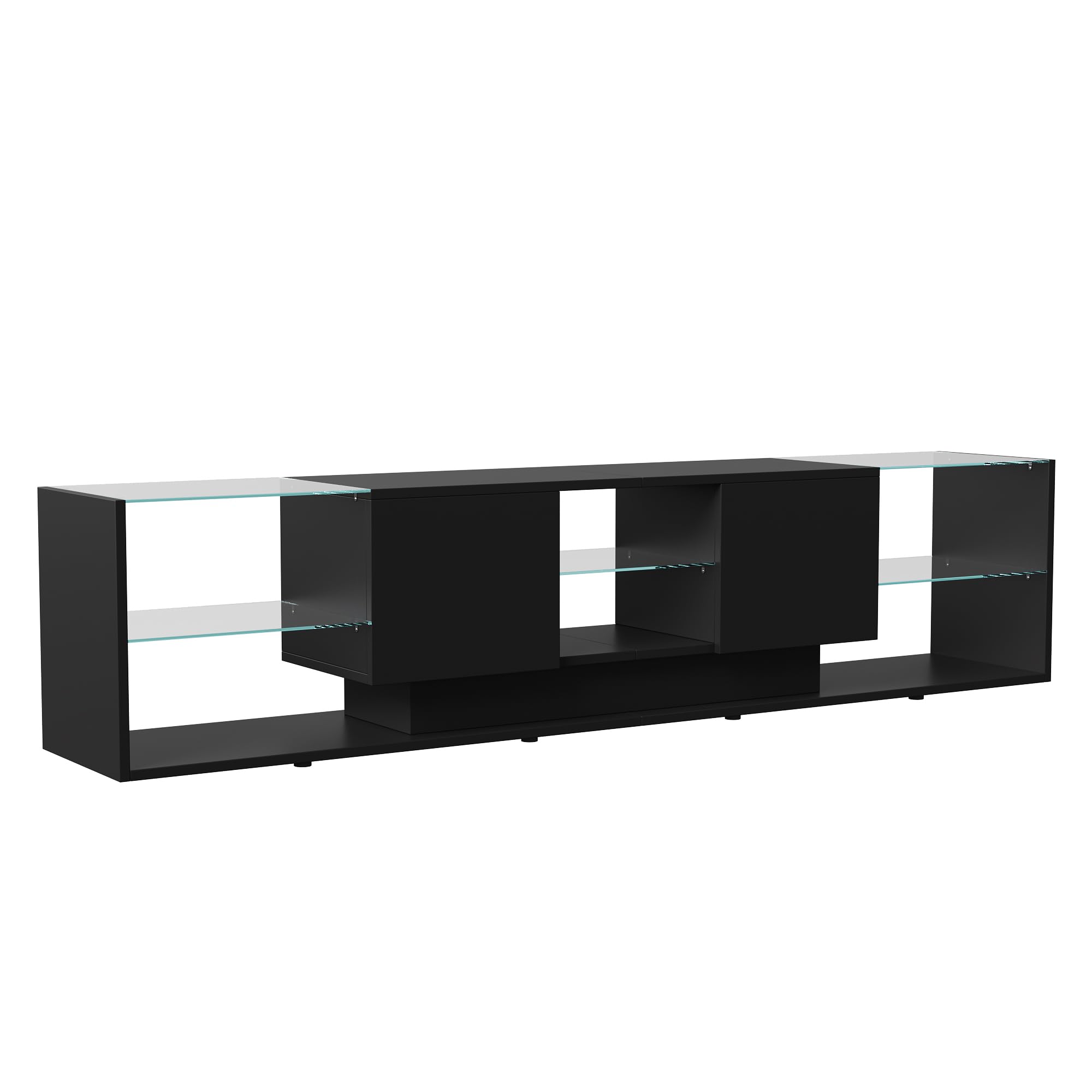 Mueble TV negro con luces LED, moderno mueble de TV de 200 cm con 2 cajones y estantes de cristal, mesa Tele banco TV para salón o dormitorio (negro, 200 x 35 x 45 cm)