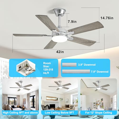 Image of Depuley 42-inch Ceiling Fan with Light: Nickel Ceiling Fan for Living Room Indoor Outdoor - Modern Ceiling Fan with Remote Control 3CCT Dimmable Noiseless 5 Reversible Silver Blades 6 Speeds Timer