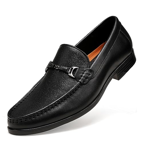 Image of Black Leather Dress Shoes for Men, Casual Metal Buckle Formal Business Shoes Wedding Slip on Loafer Party Dress Shoes