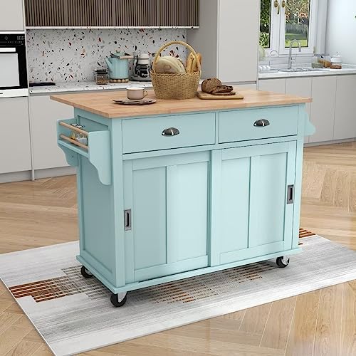 522Inch Rolling Kitchen Cart with Rubber Wood Drop Leaf Countertop Adjustable Height Concealed Sliding Barn DoorKitchen Island on 4 Wheels with Storage Cabinet and 2 DrawersMint Green