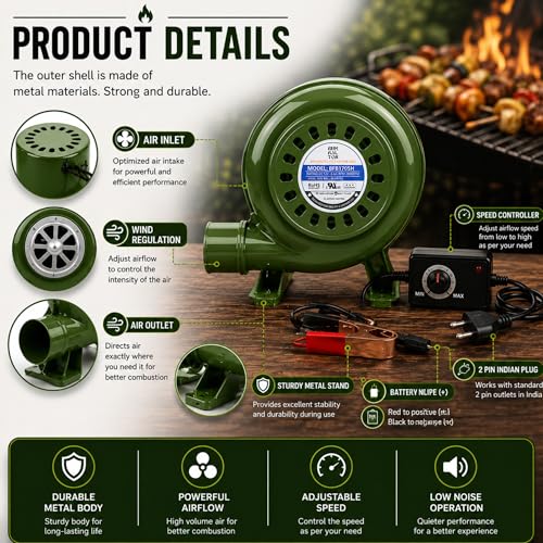 Image of 80W Electric Air Blower Fan with Stand & Speed Controller for BBQ & Coal Forge, Heavy Duty Metal Fire Blower, Indian Plug 220-240V AC for Blacksmith Furnace, Tandoor & Camping
