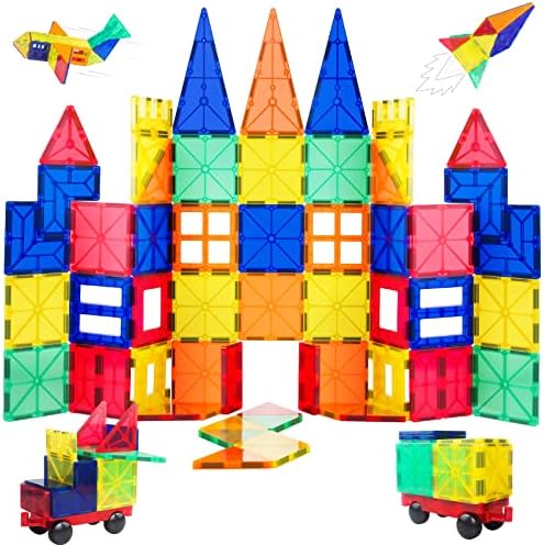 Magnetic Tiles, 60 PCS Magnetic Blocks Building Blocks for Kids, Magnet Toys for Boys Girls Toddlers Children 3 4 5 6 7 8 Year Old Educational Learning Toys Building Tiles with Car