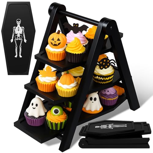 Potchen 3 Tiered Collapsible Halloween Cupcake Stand Skeleton Coffin Charcuterie Board Gothic Halloween Cupcake Holder Dessert Display Wooden Serving Tray for Home Party Decoration