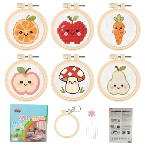 57lilina Punto de Cruz Niños Completo Tela Impresa 6 Set, Cross Stitch Embroidery Kit Bordado Niños Principiantes Inicio Fáciles, Manualidades Originales Divertidos DIY para Regalo Niñas