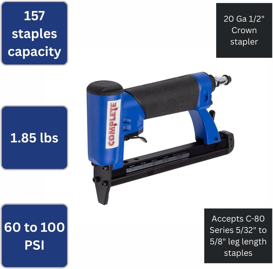 Complete C-8016S ProGrade Upholstery Stapler 20 Gauge for 1/2 Inch Crown 80 Series Staples, Staple Range of 5/32" to 5/8 ", Ideal for Upholstery, Furniture Assembly, Cabinets, Molding