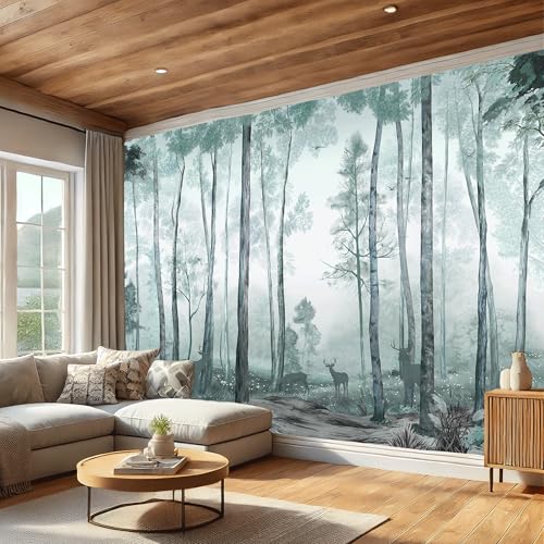 AMUGISH Misty Forest Wall Mural – Tranquil Woodland Scene Wallpap...
