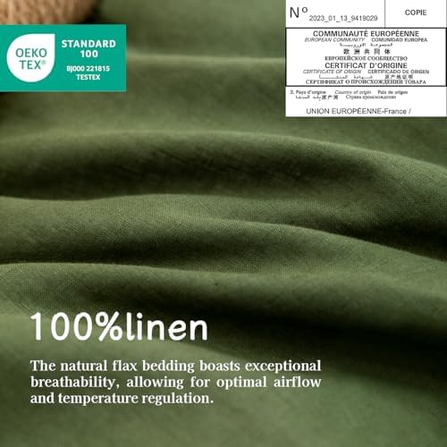 EVERLY Linen Queen Sheets Set, 100% Stonewashed French Linen Bed Sheets Deep Pocket Sheets, 4 Pieces (1 Flat Sheet, 1 Fitted Sheet, 2 Pillowcases) Natural Flax Bedding Set-Mossy Green - Thumbnail 4