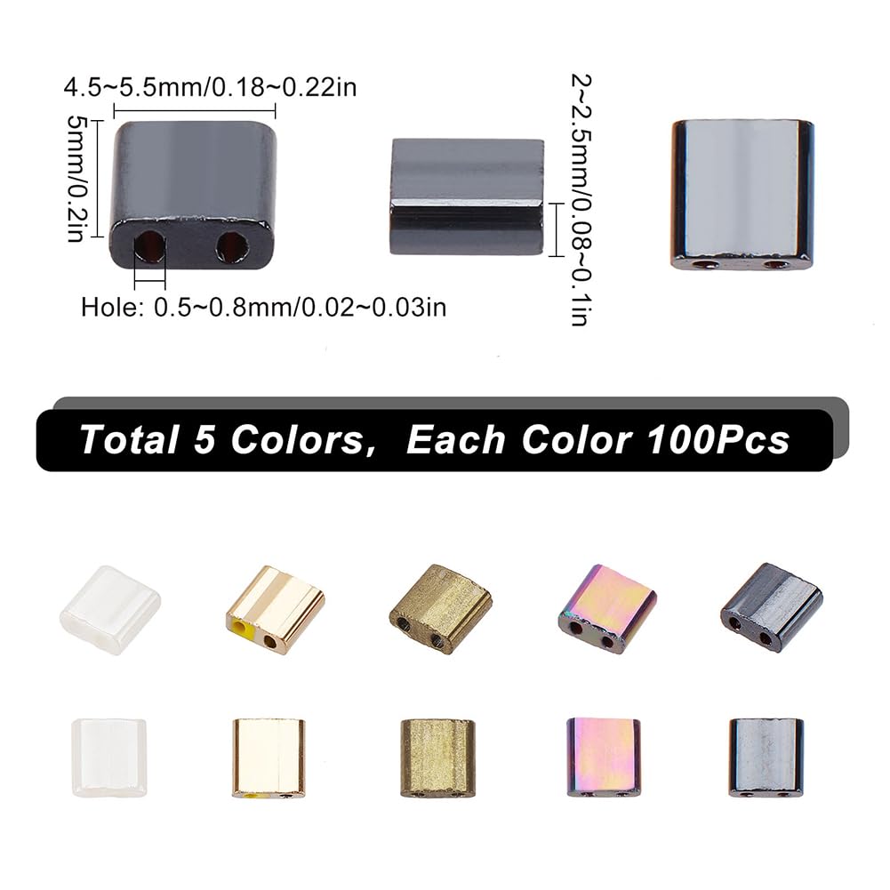SUNNYCLUE 1 Box 500Pcs 5 Style 5 * 5mm Glass Tila Beads Glass Seed Beads Japanese Square Tile Bead Double Hole Connector Beaded for Jewelry Making DIY Craft Beading Wedding Decor Handmade Gifts - Image 2