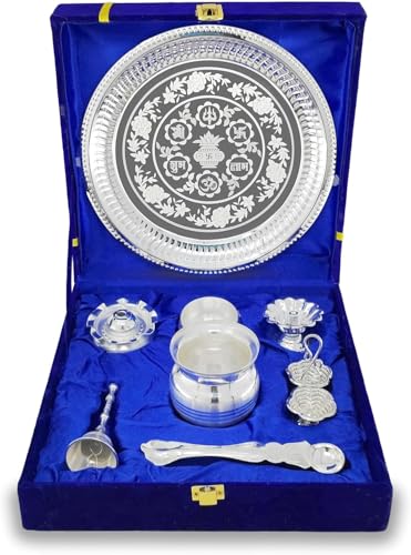 NOBILITY Pooja Thali Set Silver Plated with Blue Gift Box Puja Plate Devdas Diya Kalash Bowl Palli Haldi Kumkum Stand Dhup Dan Ghanti for Home Office Diwali Wedding Return Gifts