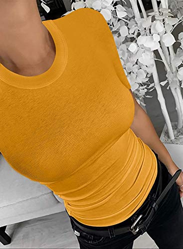 Womens Crewneck Short Sleeve Ribbed T-Shirt Slim Fit Tops Solid Basic Tee Yellow #TOP30