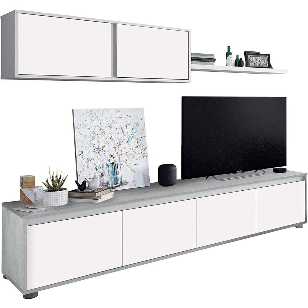 Mobelcenter, Conjunto Salón Cemento, Incluye Mueble y Mesa de Salón, Mesa de Centro y 4 Sillas, Acabado Color Blanco Artik y Cemento (P0018)