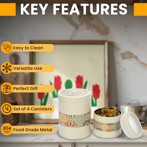 Image of Mandala Collection Airtight Kitchen Container Set| 450ML+1100ML- Set of 4| Food Grade Metal Jars for Spices, Cookies, Millets & Dry Food Storage| Vacuum Lid, Rust Resistant| Beige Rangoli