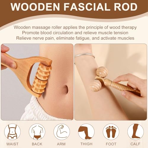 Zyiphor Faszienstab Holz, 3 Stück Faszienrolle für Rücken, Nacken, Beine & Lymphdrainage, Massageroller mit Griff zur Muskelentspannung, Lindert Müdigkeit & Cellulite für Zuhause, Reisen, Büro