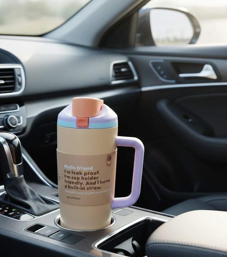 Image of HomeCloud Double-Wall Insulated Stainless Steel Water Bottle with Straw - Leak-Proof Two-Way Spout, BPA-Free, Bucket Handle, Reusable Travel Bottle, Daybreak (H Beige)