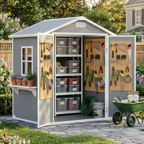 AIRAJ Gartenhaus für den Außenbereich,Kunststoff,Wetterfestes Gerätehaus,201x171x129cm, mit Boden/Fenstern/Lüftungsschlitzen/Abschließbarer...