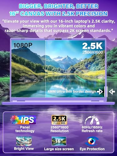 Image of New 16 inch Purple Laptop,Ultra-Narrow Bezel 2.5K QHD IPS (2560x1600),Quad-Core N95 (3.4GHz),16GB RAM 512GB SSD,Color Backlit KB, Face Unlock,USB-C /HDMI /WiFi /BT,Win 11 Pro,for Business Study Entertainment