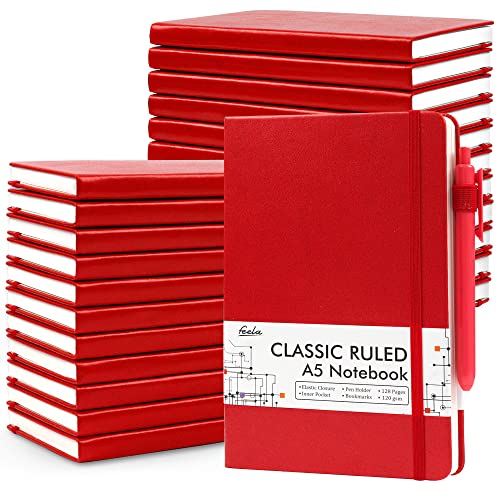 24 Pack Journal Notebook for Work, Feela Business Notebook Bulk Hardcover Lined Writing Journal with Pen Holder for Men Women Note Taking, with 24 Black Pens, 120 GSM, 5.1”x8.3”, A5, Red