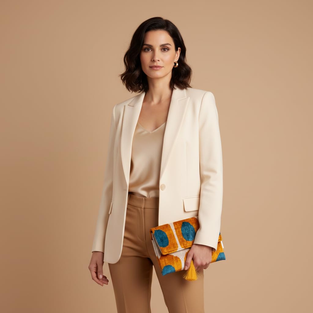 Pochette Ikat in velluto di seta fatta a mano, stile busta, design bohémien, motivo etnico, opzione cinturino a catena, pochette per feste serali, borsa premium, bianco sporco, turchese, oro