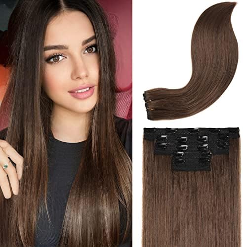 REECHO Clip in Hair Extensions, Hair Extensions Thick Long Lace Weft Lightweight Synthetic Hairpieces for Women (24 Inch-240 Gram(Pack of 5), Golden Brown)