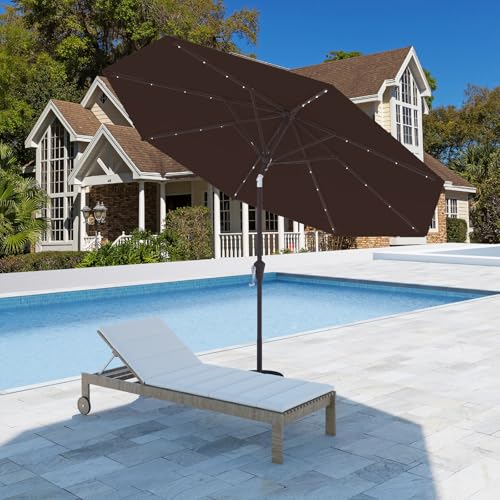 Image of 9FT Patio Umbrella with Solar Lights,Outdoor Market Umbrella with Tilt and Crank, LED Lighted Table Umbrella for Garden,Deck,Backyard,Pool,Beach (Brown)