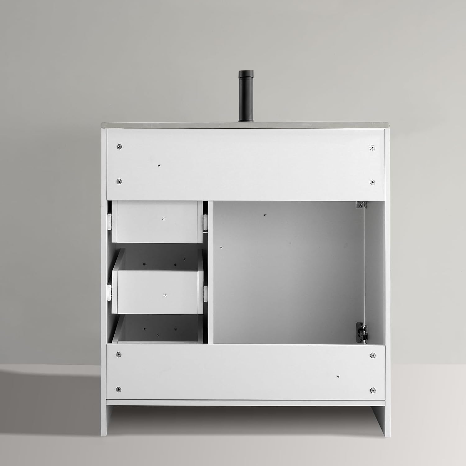 30" Bathroom Vanity with Ceramic Sink Top,1 Soft Closing Doors & 3 Full Extension Drawers with Matte Black Faucet Drain, White