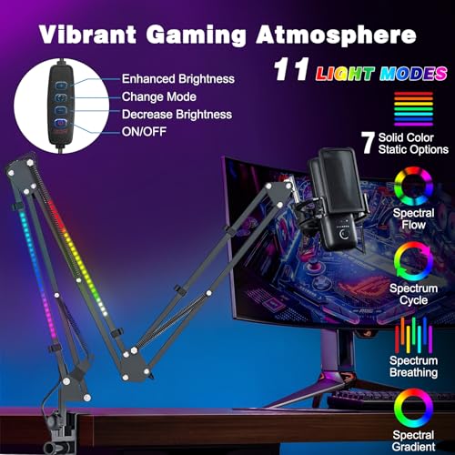 Microphone Boom Arm with RBG Light, 44” Foldable 3-Sections RBG Microphone Arm Desk Mount with 1/4“ 3/8“ 5/8” Screw, Adjustable Mic Desk Stand Mount with C-Clamp for Gaming Streaming Podcasting - Image 3