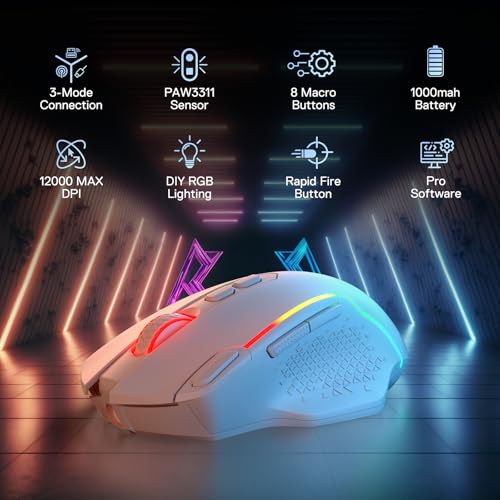 Image of Redragon M810 MAX 3-Mode Wireless Gaming Mouse, 12000 DPI Wired /Wireless RGB Mouse w /Rapid Fire Key, 8 Macro Buttons, 188-Hour Reliable Power Capacity for PC /Mac /Laptop