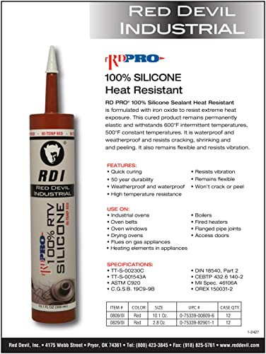 Red Devil 08090I Rd Pro 100% Heat Resistant Rtv Silicone Sealant, A Water-Proof And Weatherproof Adhesive For High-Heat Use, 10.1 Oz. Tube, Red, 12-Pack #TOP1