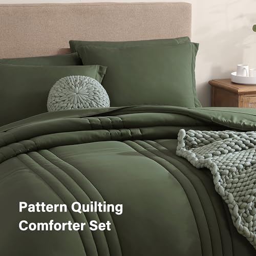 Image of Monbix Oversized Queen Size Comforter Set - 7 Pieces Bed in a Bag, Olive Green Bedding Sets with Comforter, All Seasons Comforter Bed Set with Sheets, Pillowcases & Shams