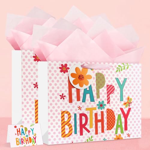 Image of JMANNI Large Happy Birthday Gift Bag with Tissue Papers and Greeting Card,Portable Paper Gift Bags with Handles, Present Bags for Women Girls Birthday Party Supplies 13 inch x 10.2 inch x4.7 inch(Pink Floral)