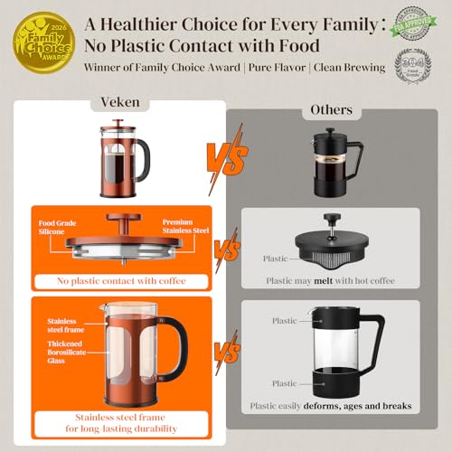 Veken French Press Coffee Maker 34oz 1 L, No Plastic Touching Cafe, Heat Resistant Thickened Borosilicate Glass, Stainle - Additional View