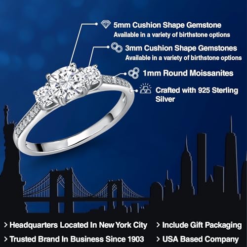 Gem Stone King 925 Sterling Silver Gemstone Birthstone and White Moissanite Ring | 5MM and 3MM Cushion | 3-Stone Wedding Engagement Anniversary Ring For Women | Available In Size 5, 6, 7, 8, 92