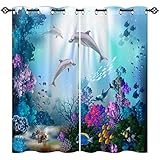 ANHOPE Dolphin Curtains Grommet Light Filtering Window Drapes with Ocean Underwater Tropical Fish Dolphin Print Pattern Sea Animal Theme Curtains for Kids Bedroom Living Room 2 Panels 42 x 63 Inch