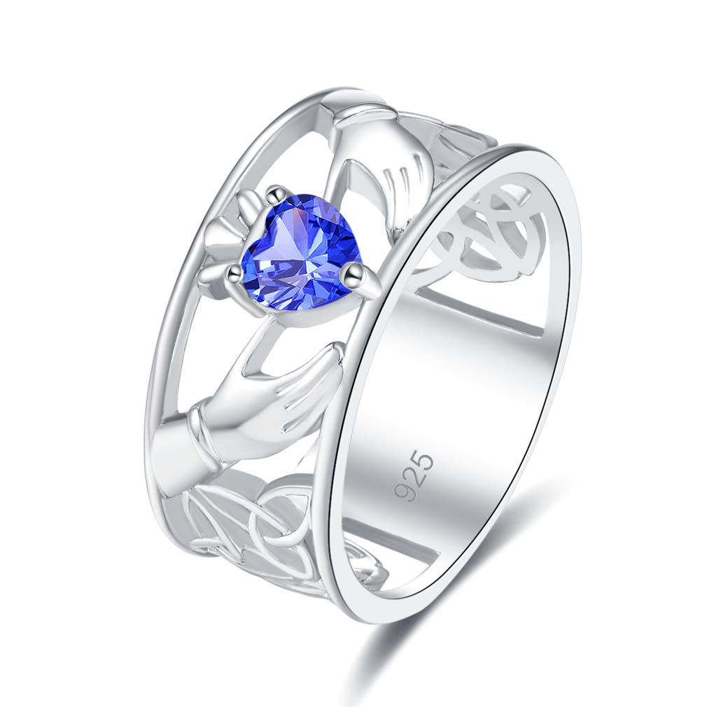 YAZILIND925 Sterling Silver Wedding Ring Hollow Band Palm Heart Shape Blue Cubic Zirconia Elegant Women Engagement Jewellery(R 1/2)