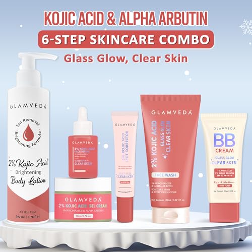 Image of Glamveda 2% Kojic Acid 6 Step Skincare Kit for Glowing Skin | Facewash, Serum, Spot Corrector, Body Lotion, Cream, BB Cream (Fair Tone) | Brightens Skin, Reduce Dark Spots & Pigmentation | Women & Men