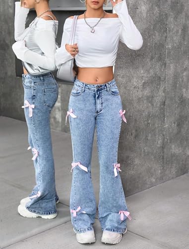 Girls Jeans Flare/Bell Bottom Bow Jeans for Teen High Waist Cute Y2K Stretch Tween Denim Pants 8-16Y4
