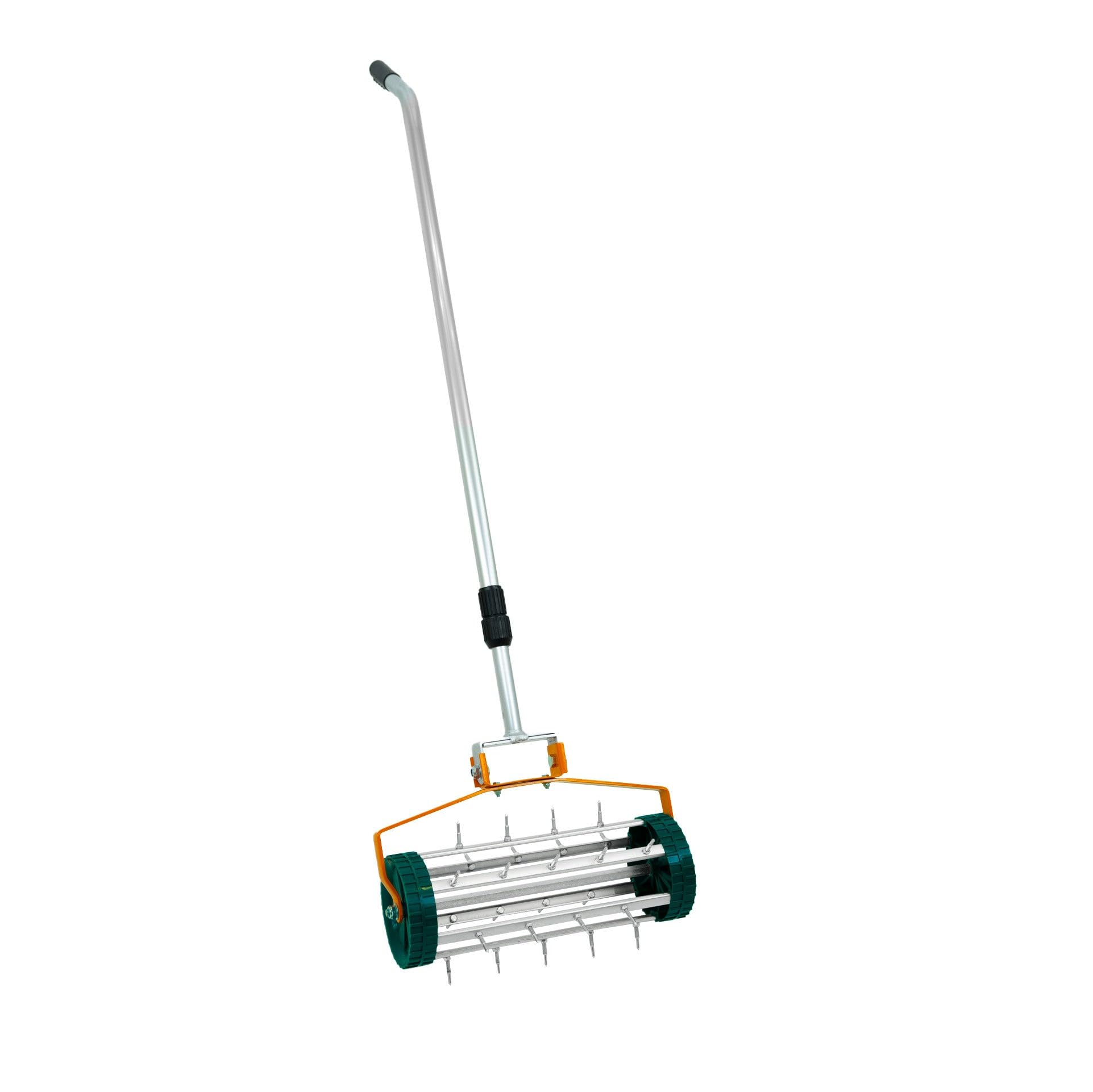 Set 2-in-1 Arieggiatore Manuale e Livellatore per Prato Arancione in Acciaio Zincato e Alluminio con Manico Estensibile fino a 2m, Base Livellatrice da 100cm e Picchetti da 3,8cm