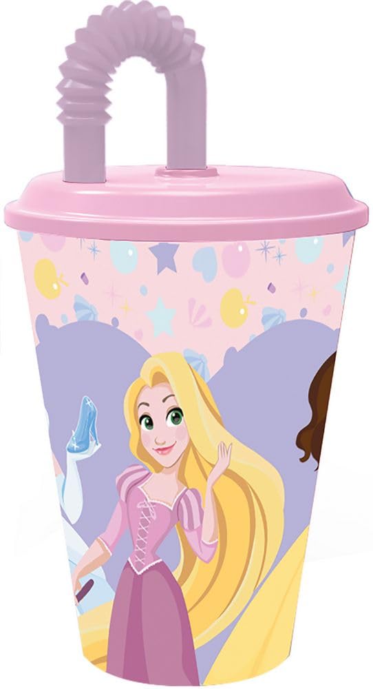 Disney Pink and Lilac Cup for Girls in Plastic Princesses Belle Cinderella Rapunzel 430 ml with Straw and Flexible lid