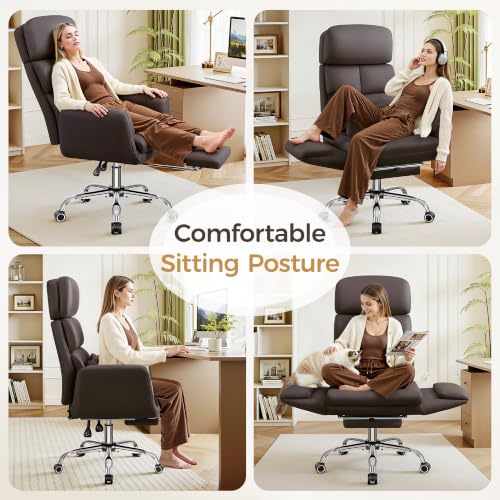 Image of Big and Tall Office Chair 500LBS, Ergonomic High Back Leather Executive Chair, Reclining Swivel with Adjustable Armrests Lumbar Support Footrest, Cross Legged, Coffee