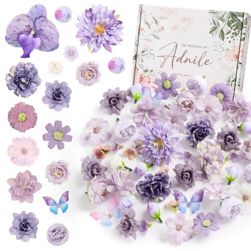 80pcs+ Mini Purple Artificial Flower Heads Silk Mix 20 Type Fake Flowers