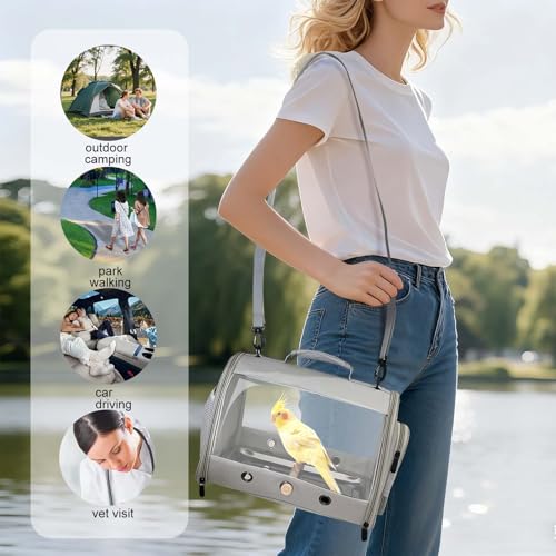 Image of Bird Carrier, Portable Small Bird Parrot Parakeet Carrier with Standing Perch and Stainless Steel Tray, Side Access Window Collapsible (Grey, Cylinder Design - Clear)