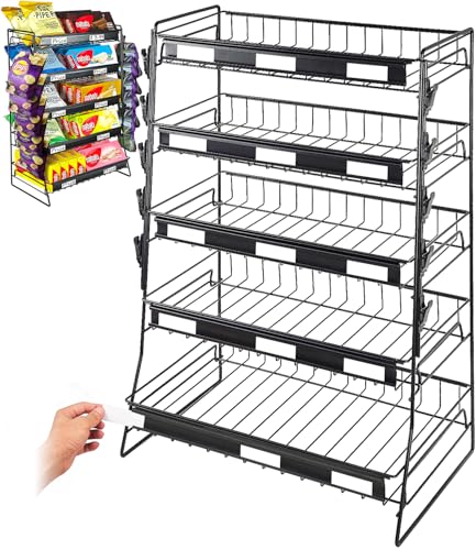 Candy Display Rack Countertop, 5 Tier Snack Organizer for Stores, Candy Stand Chip Rack & Snack Stand for Counter, Concession Stand Black Metal Snack Shelf for Retail Movie Theatre Kitchen Office