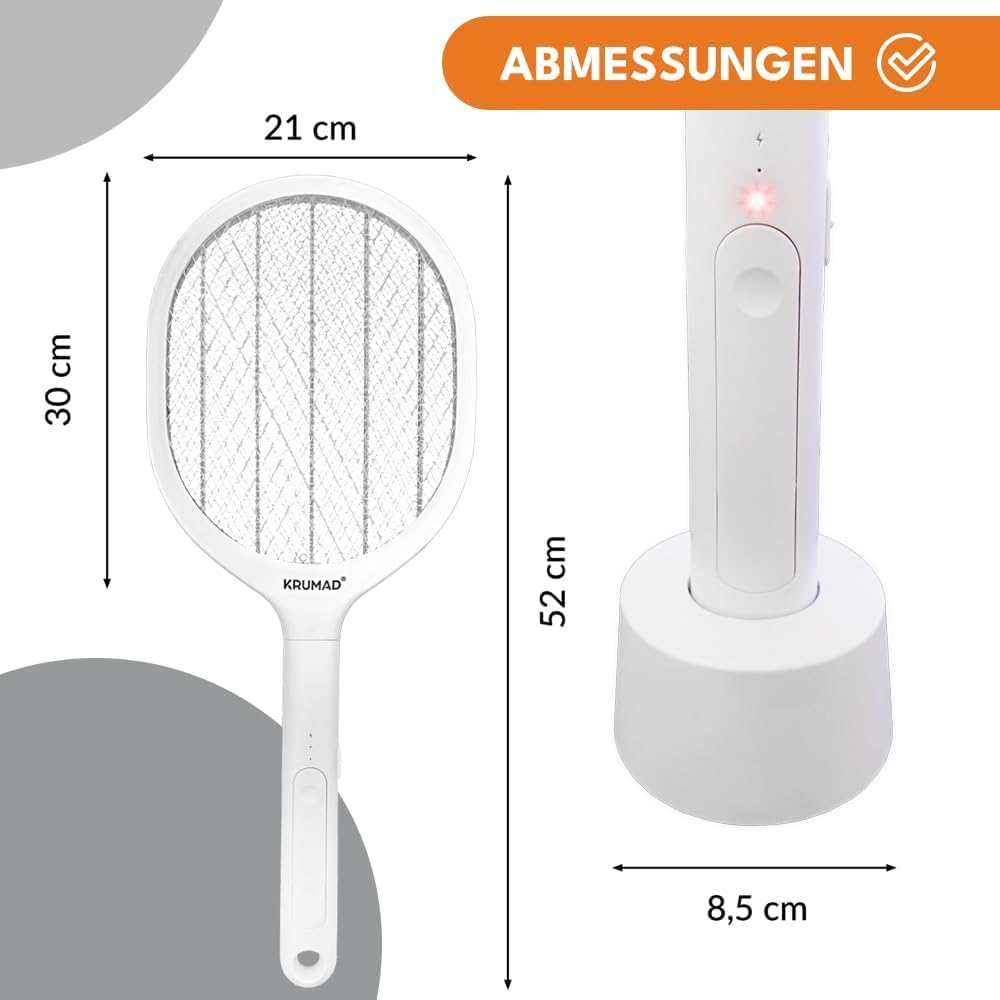 KRUMAD Elektryczna łapka na muchy USB-C z diodami LED UV, 3-warstwową siatką ochronną i akumulatorem, elektryczna łapka na muchy, muchy, osy, elektryczna łapka na muchy ze stacją bazową