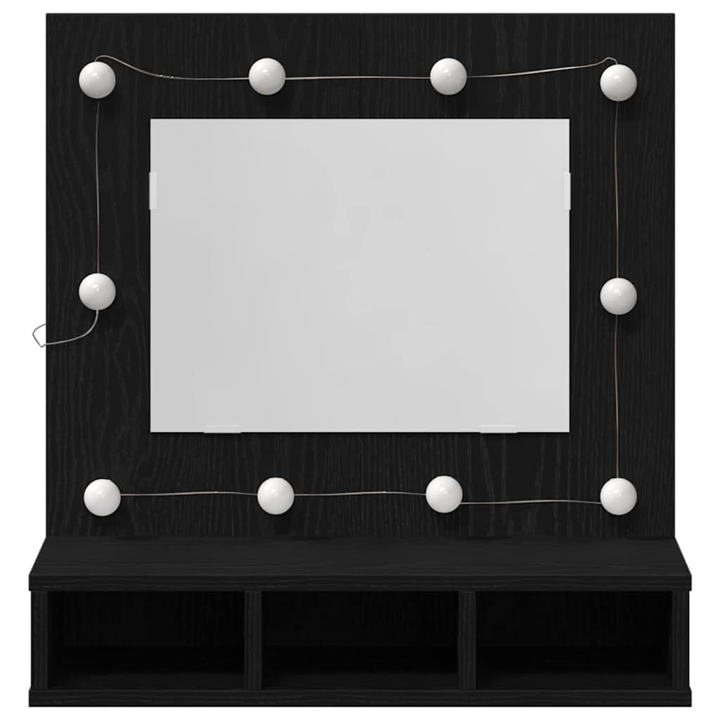 Szafka z lustrem z regałem w kolorze czarnym o wyglądzie dębu, wisząca szafka łazienkowa z materiału drewnopochodnego z oświetleniem LED, USB, 3 półki na płyty i schowkiem 60 x 31,5 x 62 cm