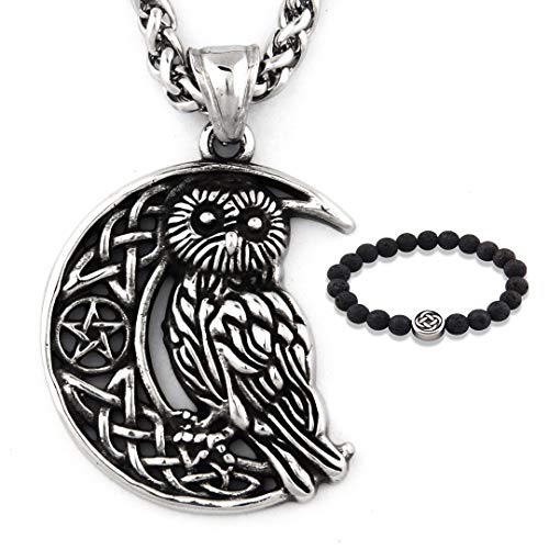 Stainless Steel Irish Celtic Owl Crescent Moon Pendant Necklace Celtic Knot Pentagram Amulet Jewelry