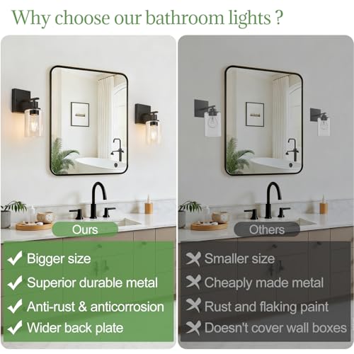 Image of Indoi Set of 2 Wall Sconces for Bathroom, Matte Black Modern Vanity Lights with Clear Glass Shade, Bathroom Wall Lamp for Mirror Kitchen Living Room Hallway Cabinet Porch