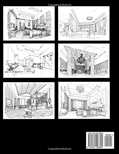 Interior Designs & Space Design Sketches - Coloring Book For Adults: Colouring 30 Architecture Drawings of Hotel Rooms, Lobby Halls, Restaurants and Domestic Spaces image 2