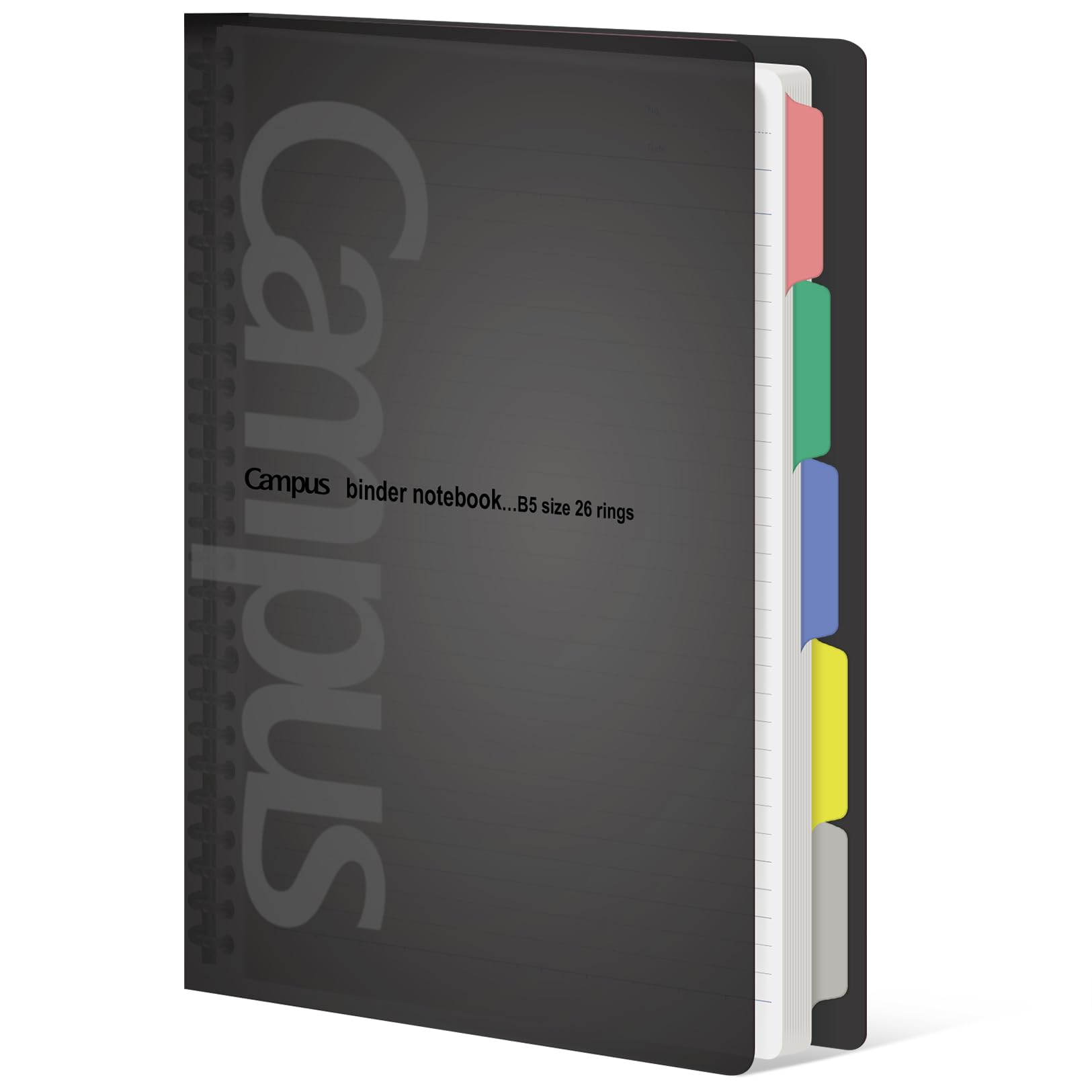 KOKUYO 5 Subject Spiral Notebook, Campus B5 Refillable Journal with 5 Tab Dividers, 100 Sheets in 7mm Dotted Ruled Loose Leaf Paper, Black, Japan Import